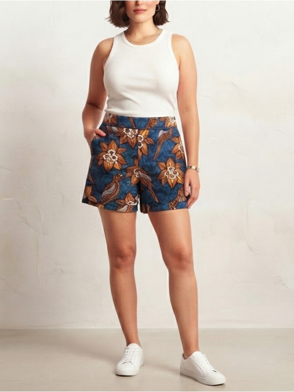 elevenses High-Waist Floral Shorts - Teal & Orange